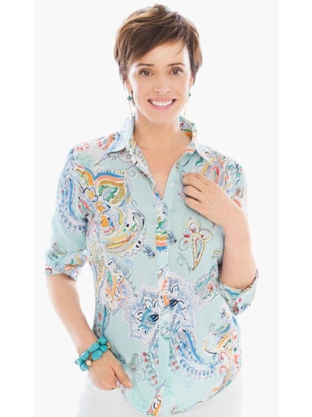 CHICO'S EFFORTLESS LINEN WHIMSY PAISLEY SINA BUTTON FRONT SHIRT SIZE 3 XL